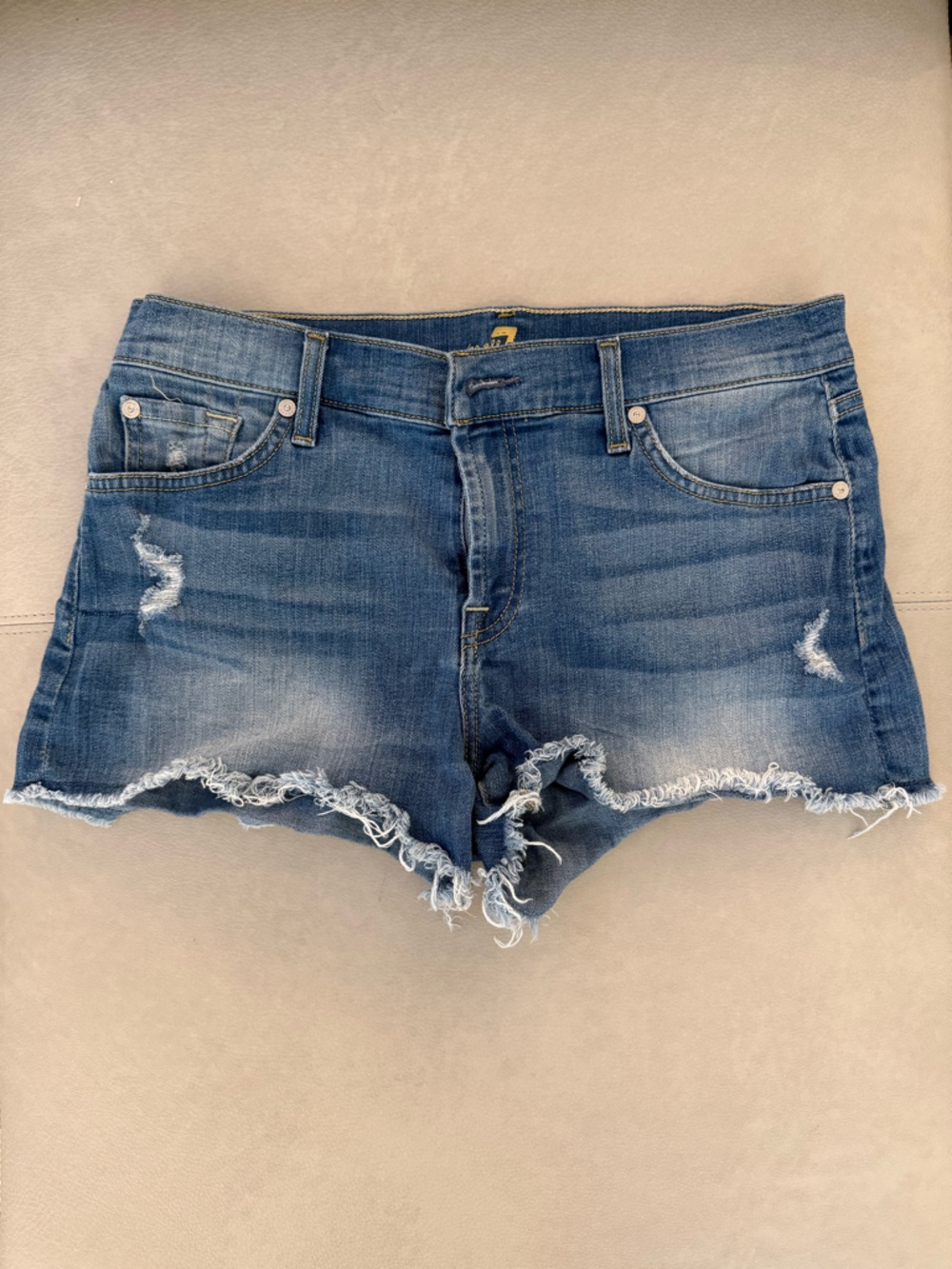 7 For All Mankind Distressed Blue Frayed Hem Denim Mini Shorts